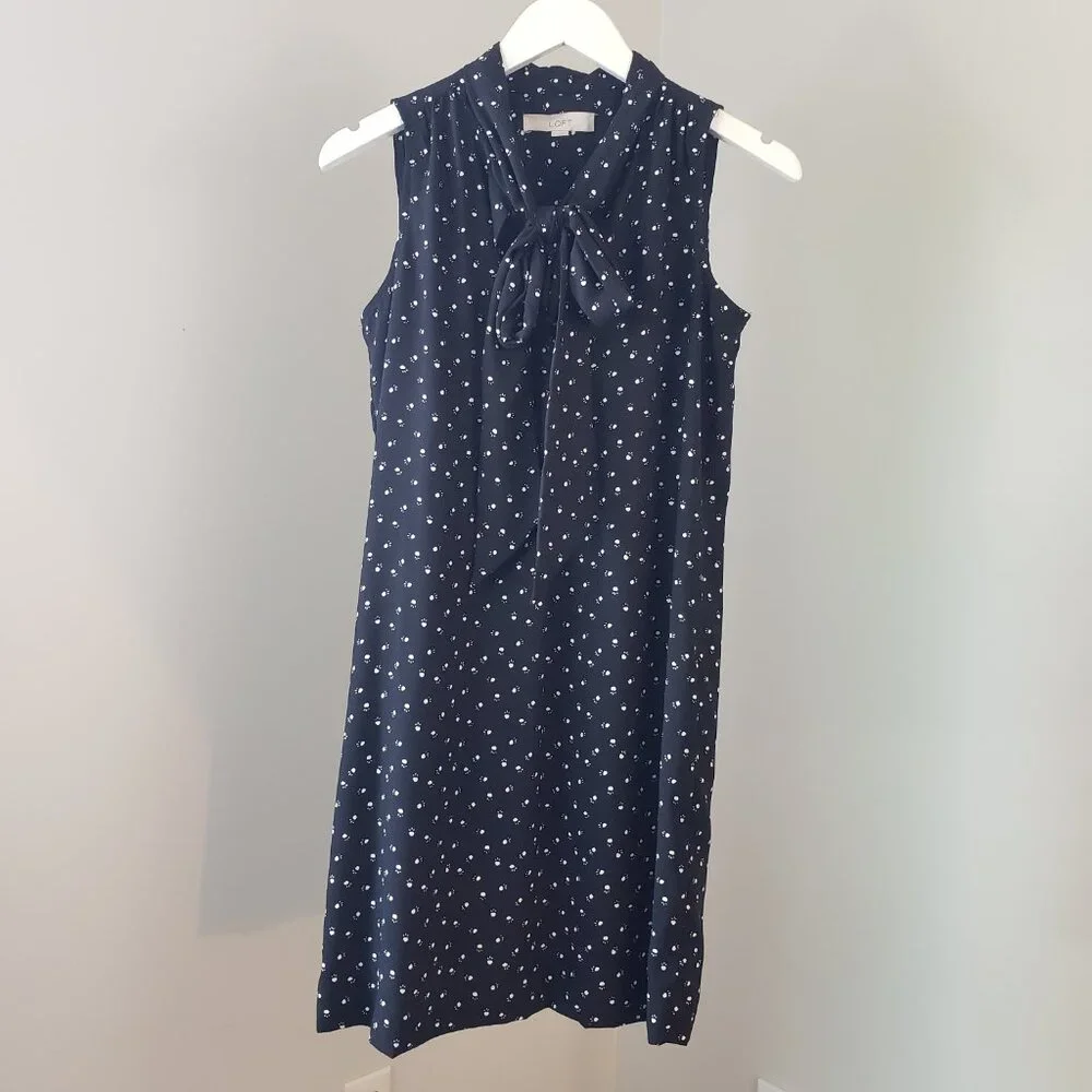 Loft Black & White Pawprint Tie Neck Dress - Picture 2 of 6